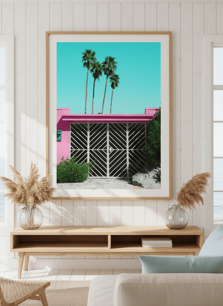 Neutral wall art displayed in a sunny coastal beach house