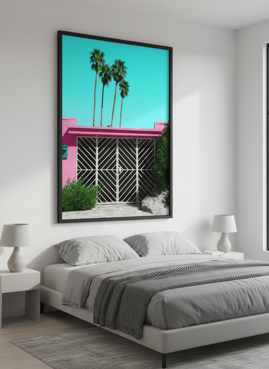 Minimalist artwork displayed in a calm, light-filled bedroom interior