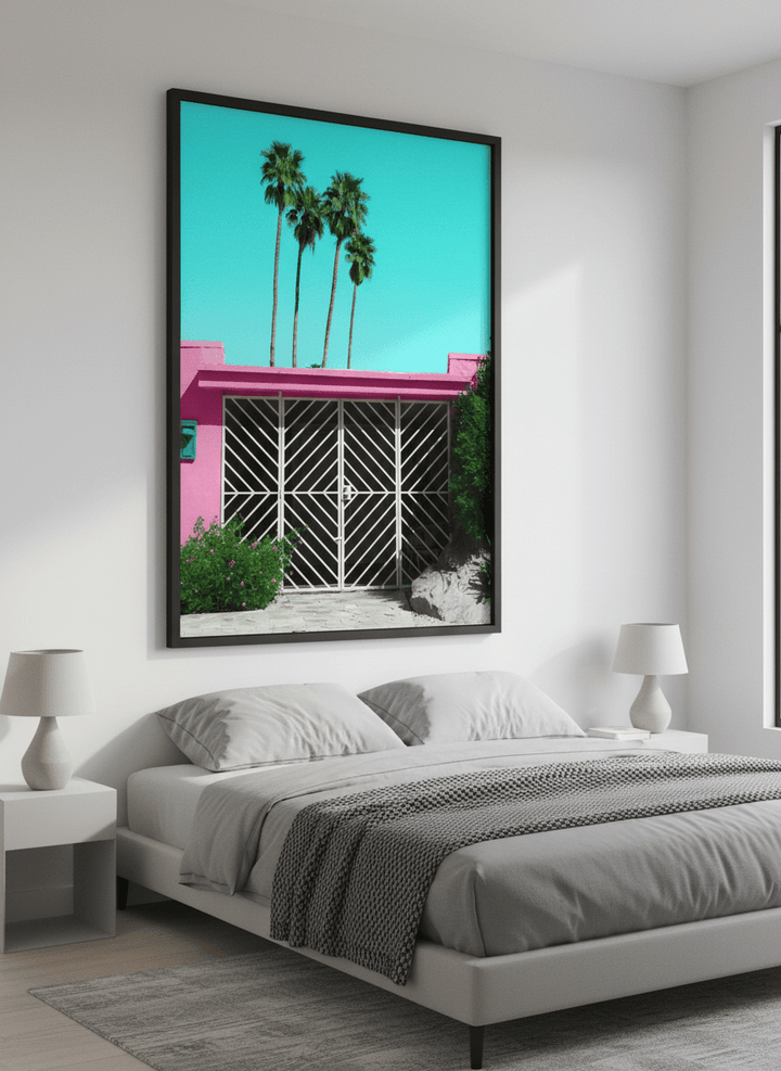 Minimalist artwork displayed in a calm, light-filled bedroom interior