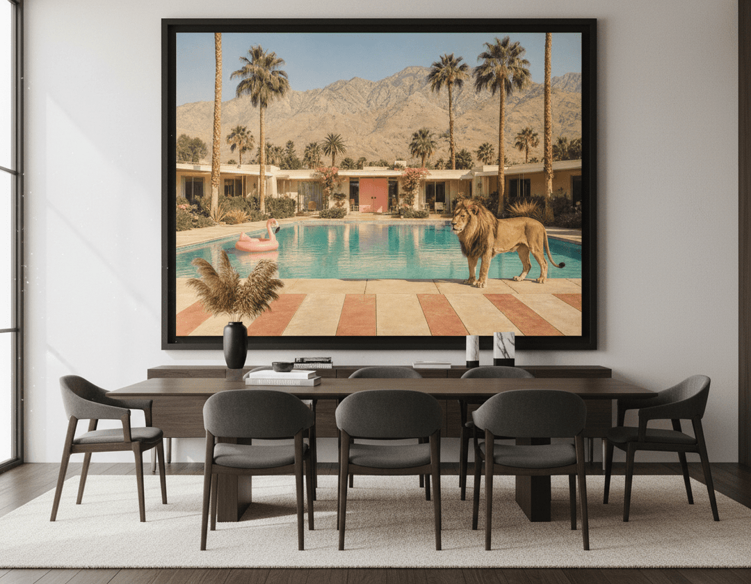 Monumental artwork centred on a feature wall in a luxe interior