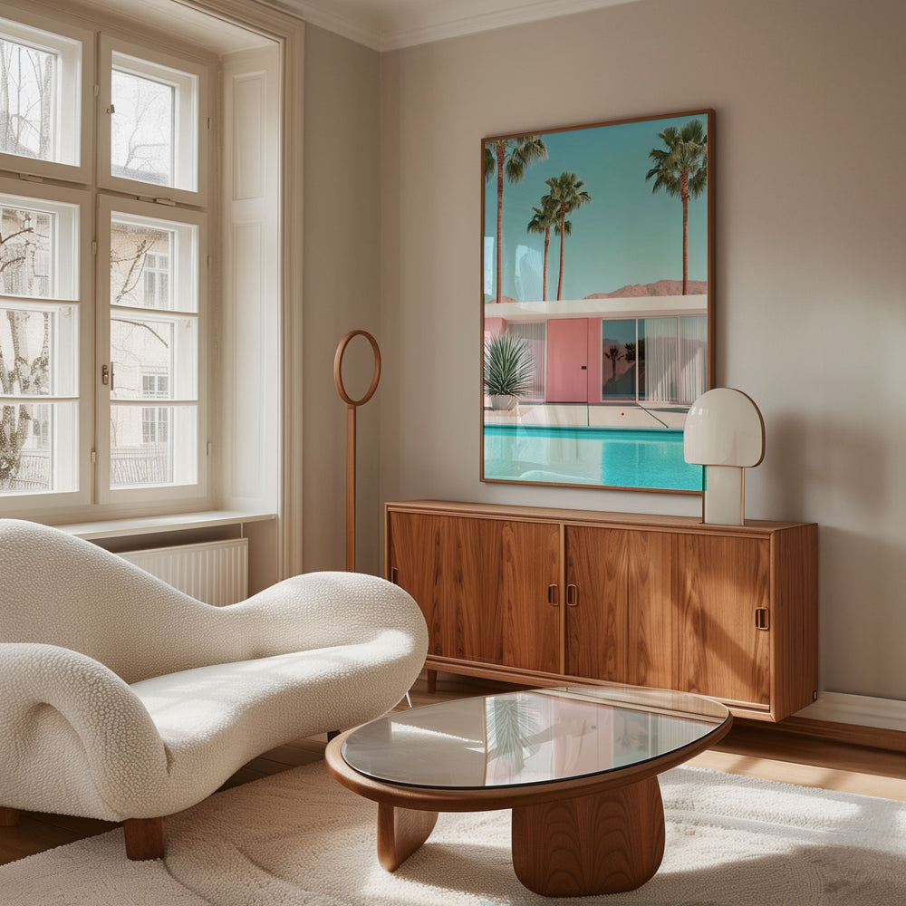 Palm Springs Pastel Pink Door Pool Getaway,livingroom,timber border