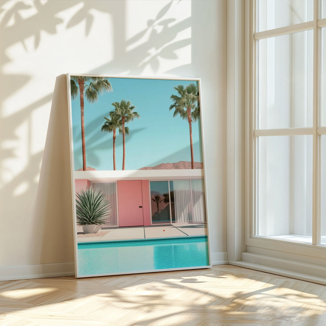Palm Springs Pastel Pink Door Pool Getaway,livingroom,timber border