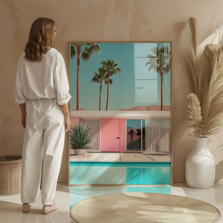 Palm Springs Pastel Pink Door Pool Getaway,livingroom,timber border