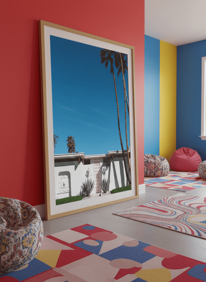 Bold wall art styled in a colourful, eclectic modern home