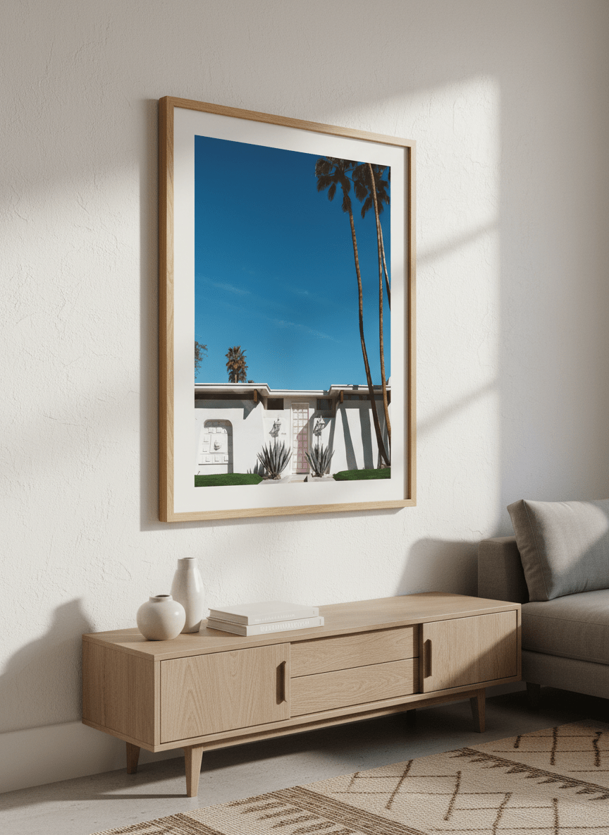 Modern wall art styled above a sofa in a neutral living room
