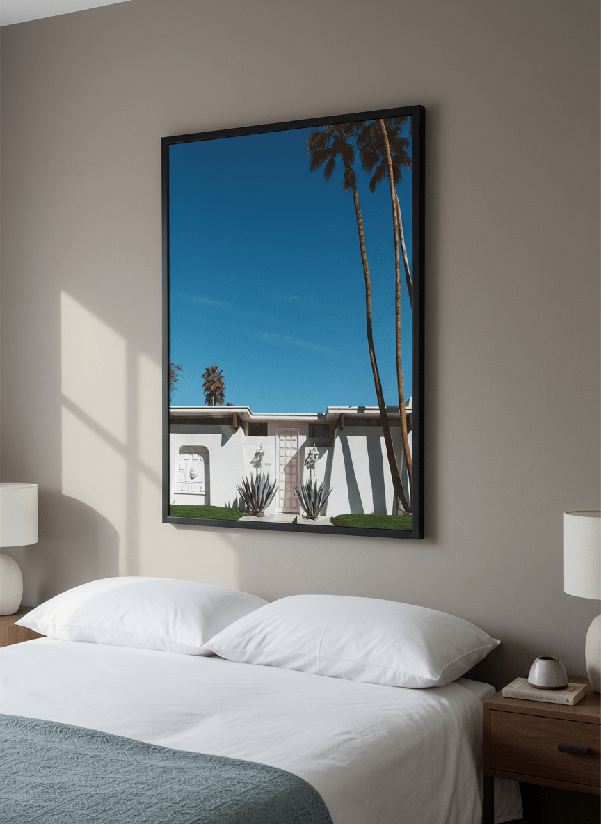 Minimalist artwork displayed in a calm, light-filled bedroom interior