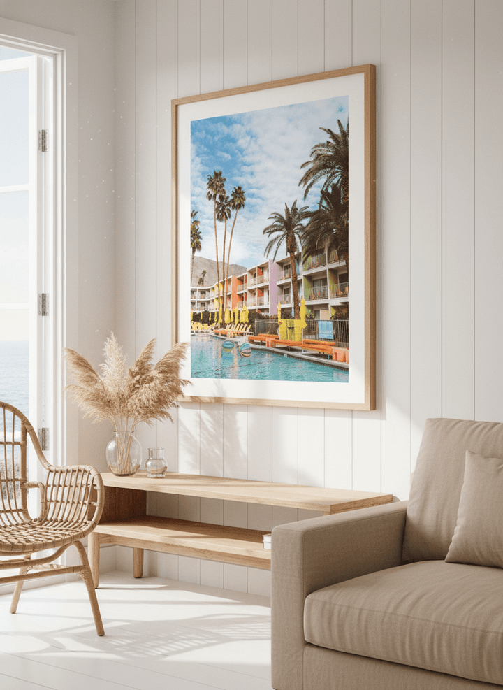 Neutral wall art displayed in a sunny coastal beach house