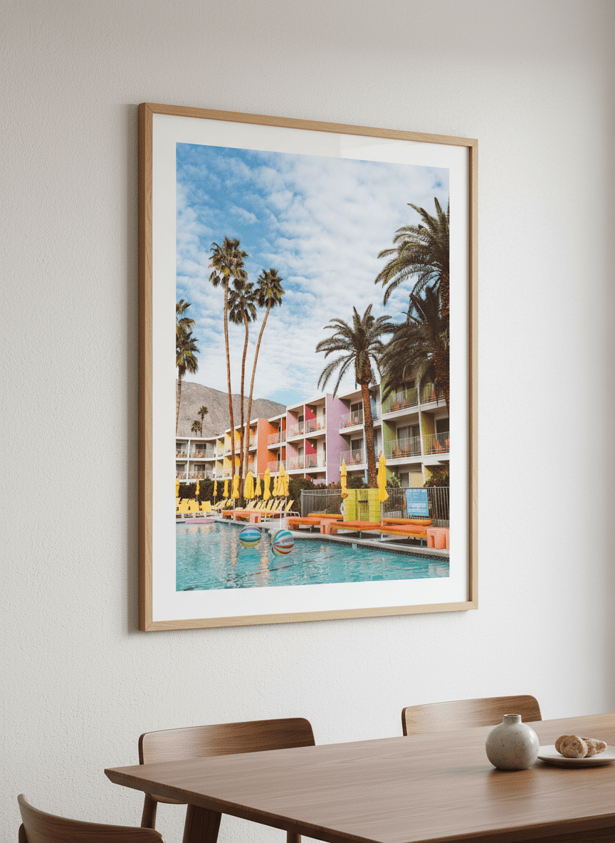 Wall art styled above a dining table in a contemporary home
