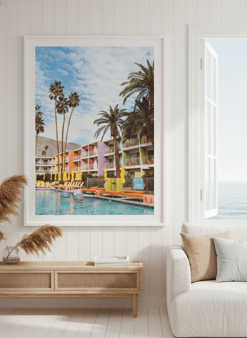 Neutral wall art displayed in a sunny coastal beach house