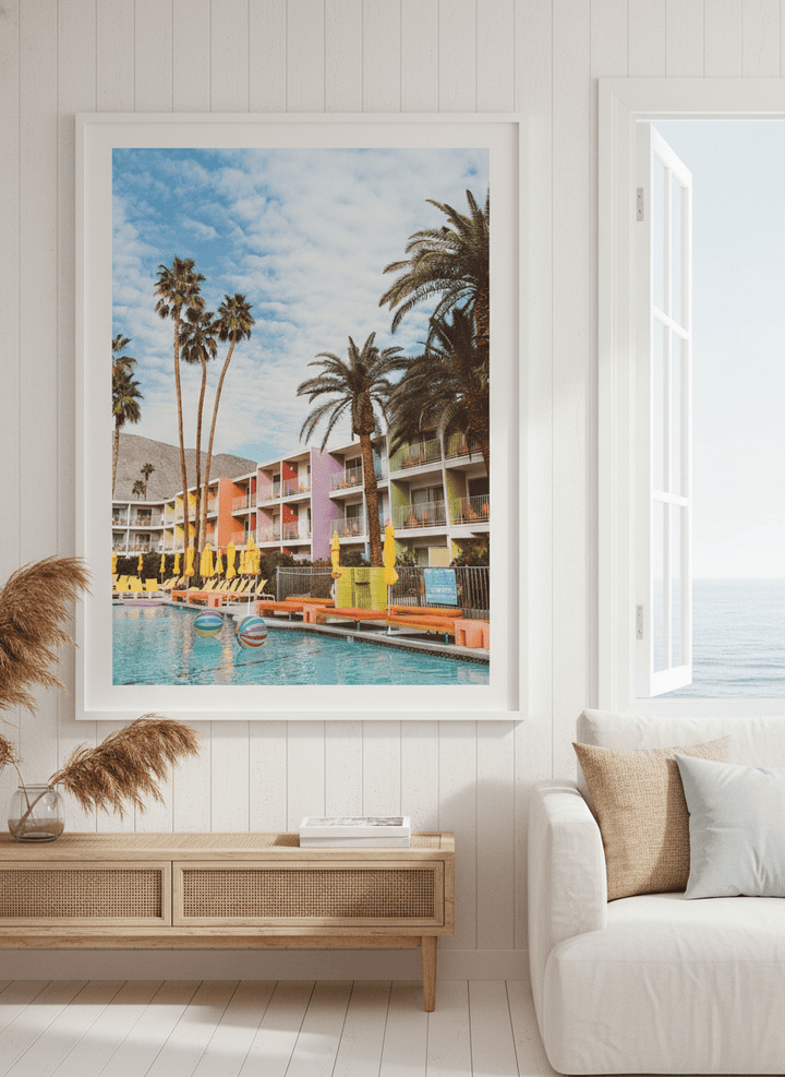 Neutral wall art displayed in a sunny coastal beach house