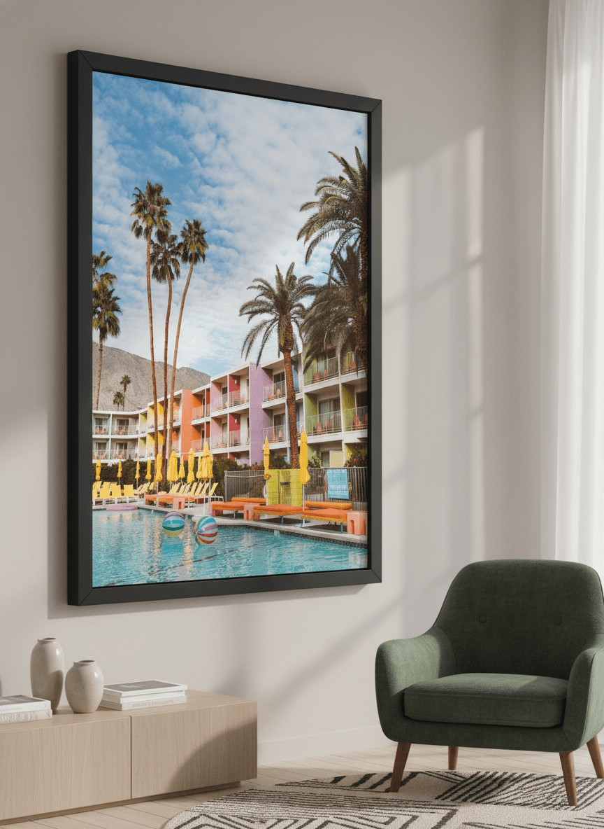 Modern wall art styled above a sofa in a neutral living room