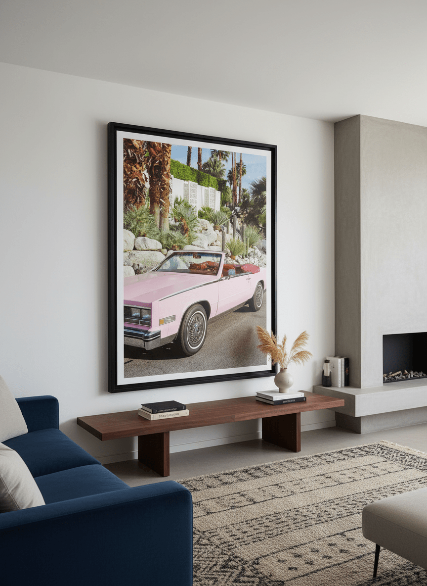 Monumental artwork centred on a feature wall in a luxe interior