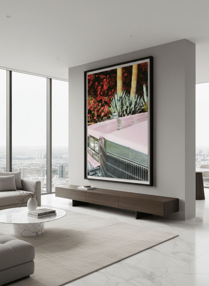 Monumental artwork centred on a feature wall in a luxe interior