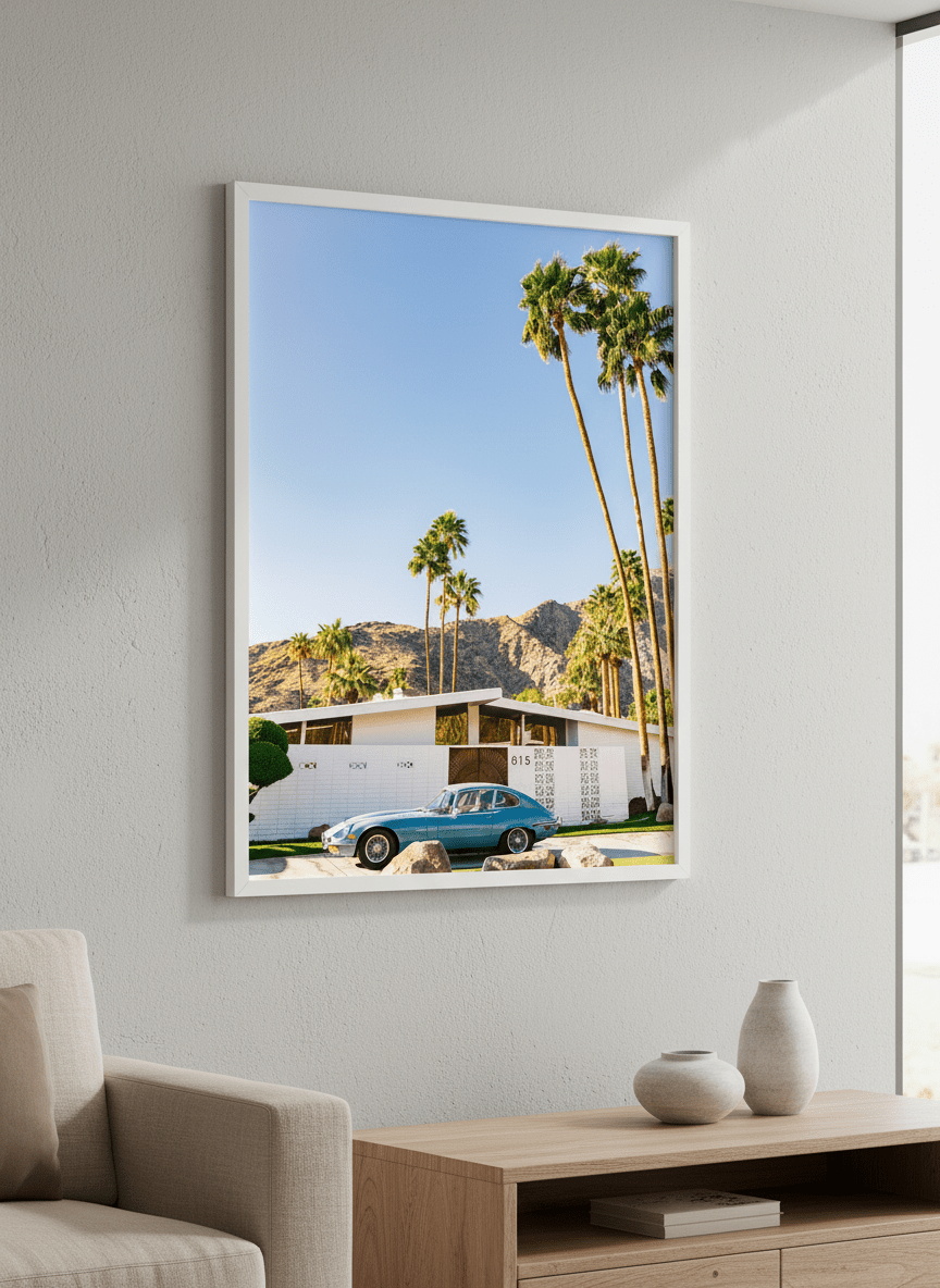 Modern wall art styled above a sofa in a neutral living room