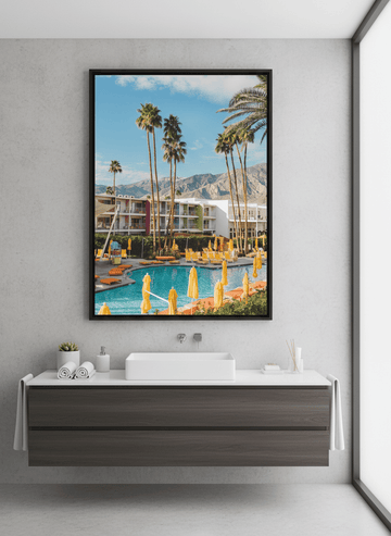 Modern print displayed in a clean minimalist bathroom setting