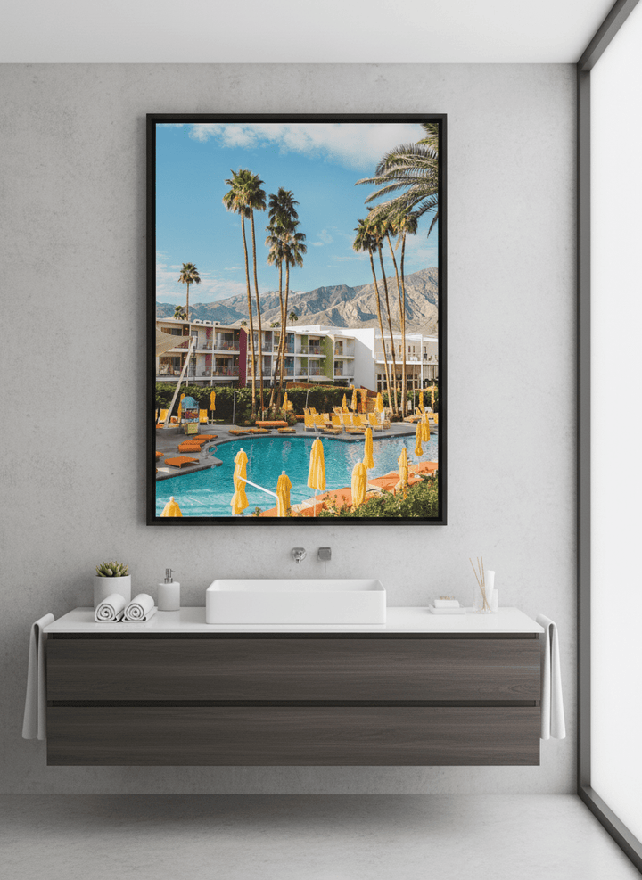 Modern print displayed in a clean minimalist bathroom setting