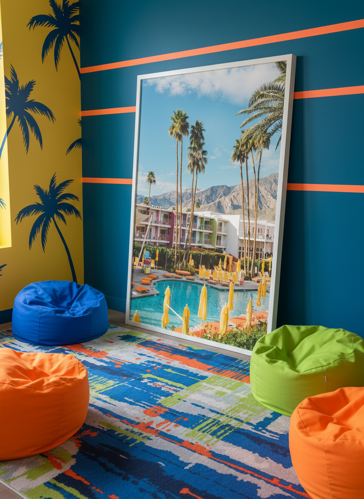 Bold wall art styled in a colourful, eclectic modern home