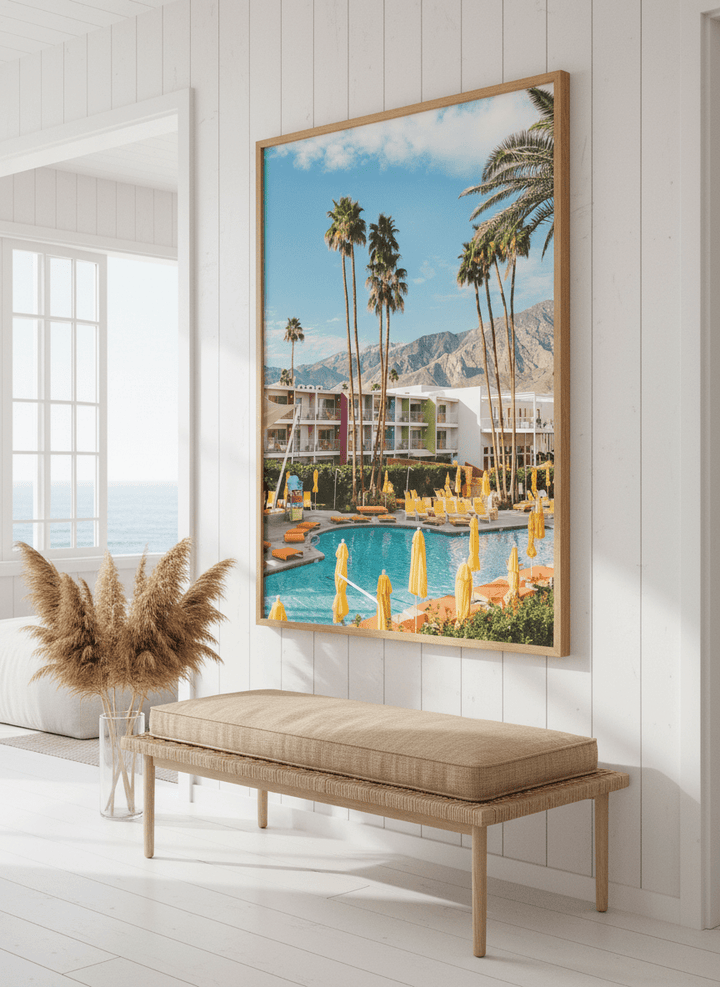 Neutral wall art displayed in a sunny coastal beach house