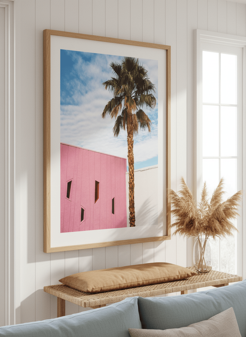 Neutral wall art displayed in a sunny coastal beach house