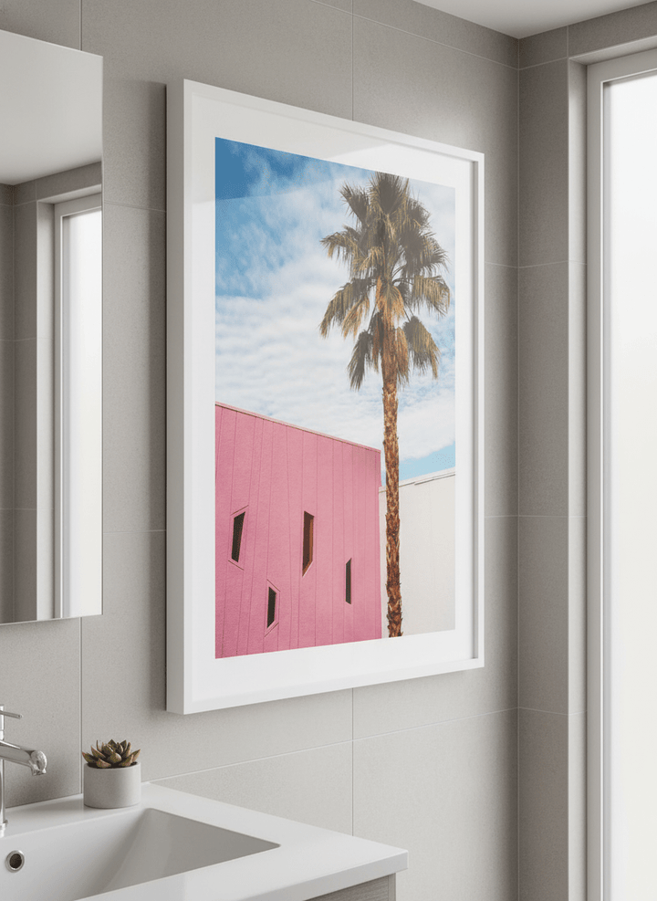 Modern print displayed in a clean minimalist bathroom setting