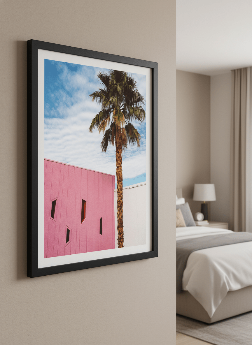 Minimalist artwork displayed in a calm, light-filled bedroom interior