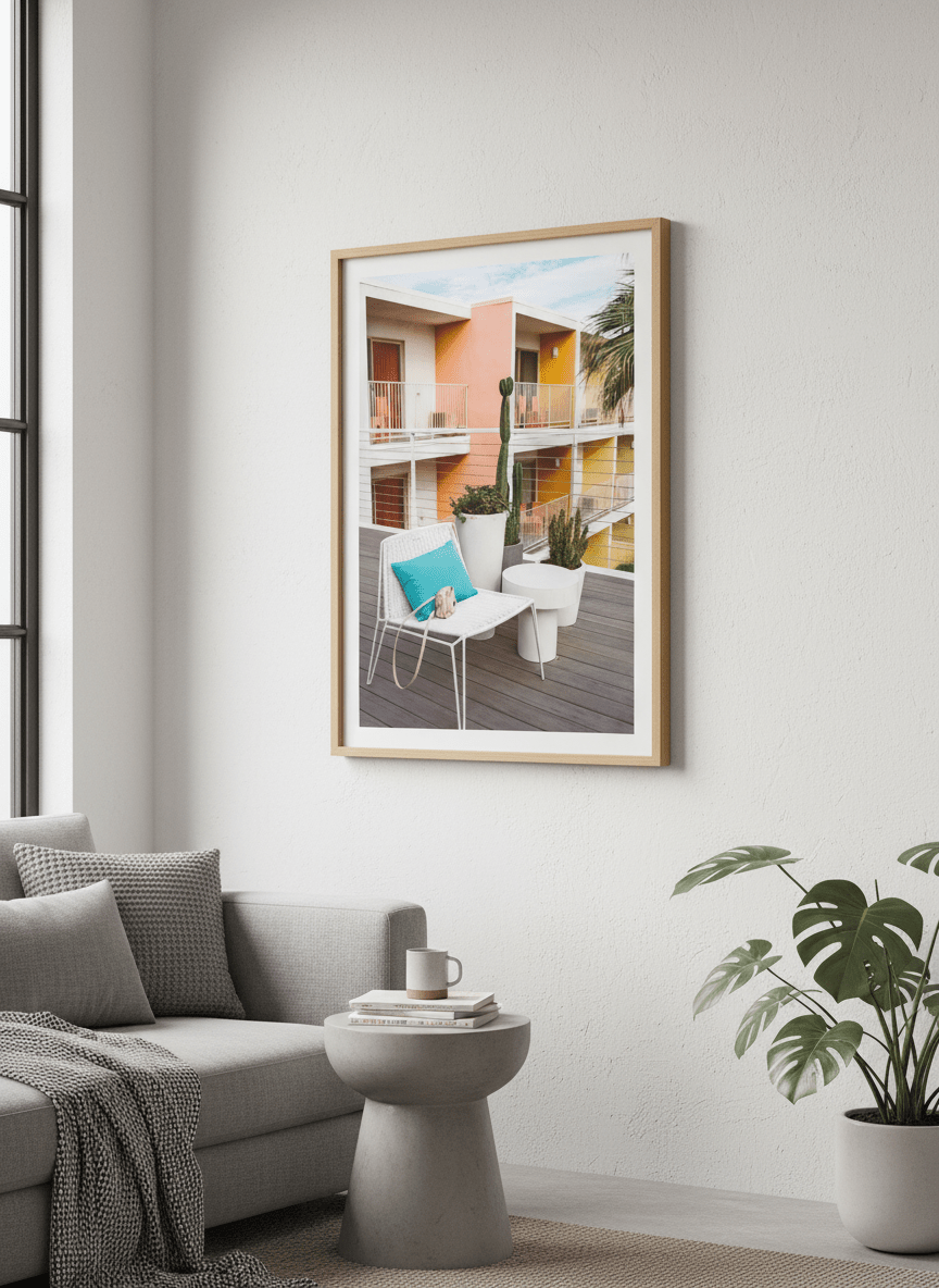 Modern wall art styled above a sofa in a neutral living room