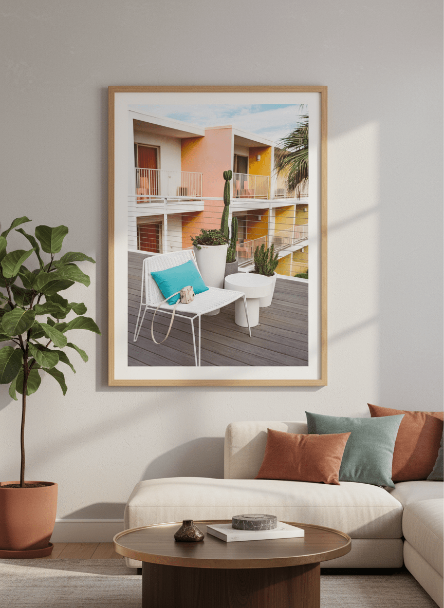 Modern wall art styled above a sofa in a neutral living room