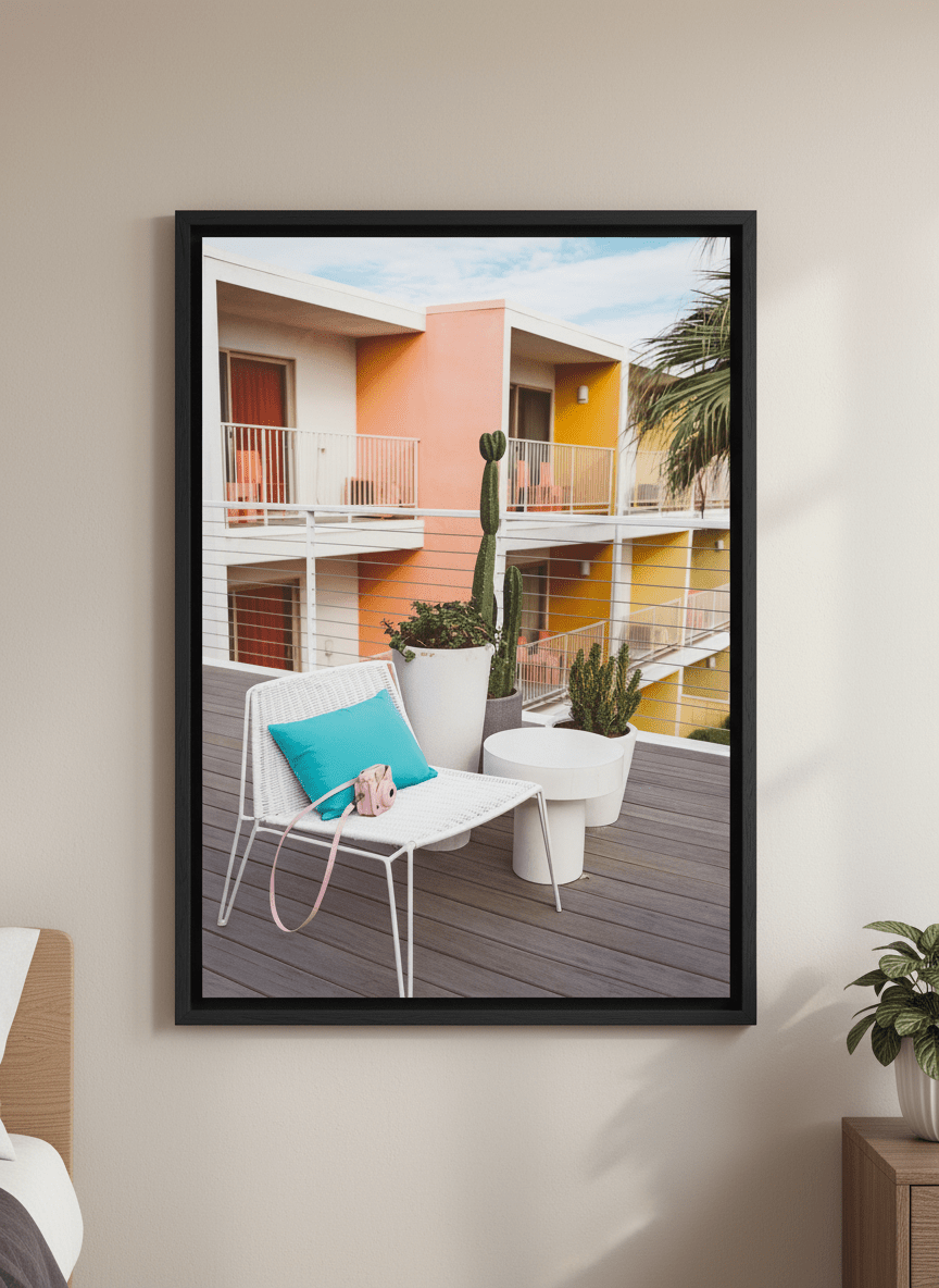 Minimalist artwork displayed in a calm, light-filled bedroom interior