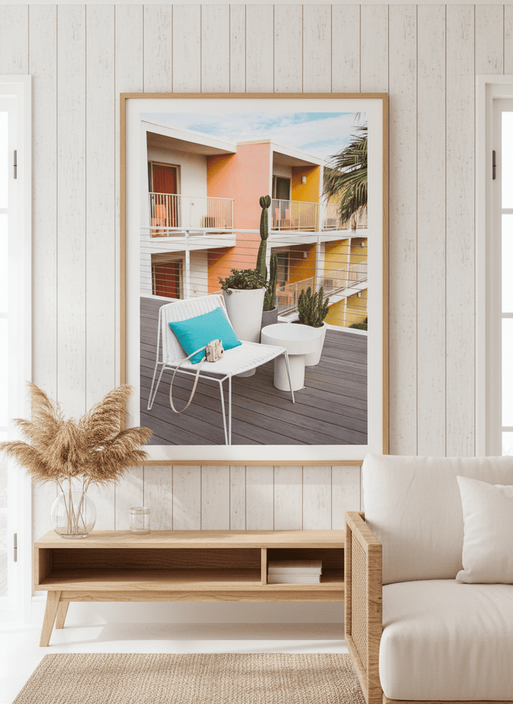 Neutral wall art displayed in a sunny coastal beach house