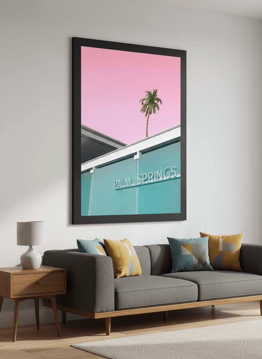 Modern wall art styled above a sofa in a neutral living room