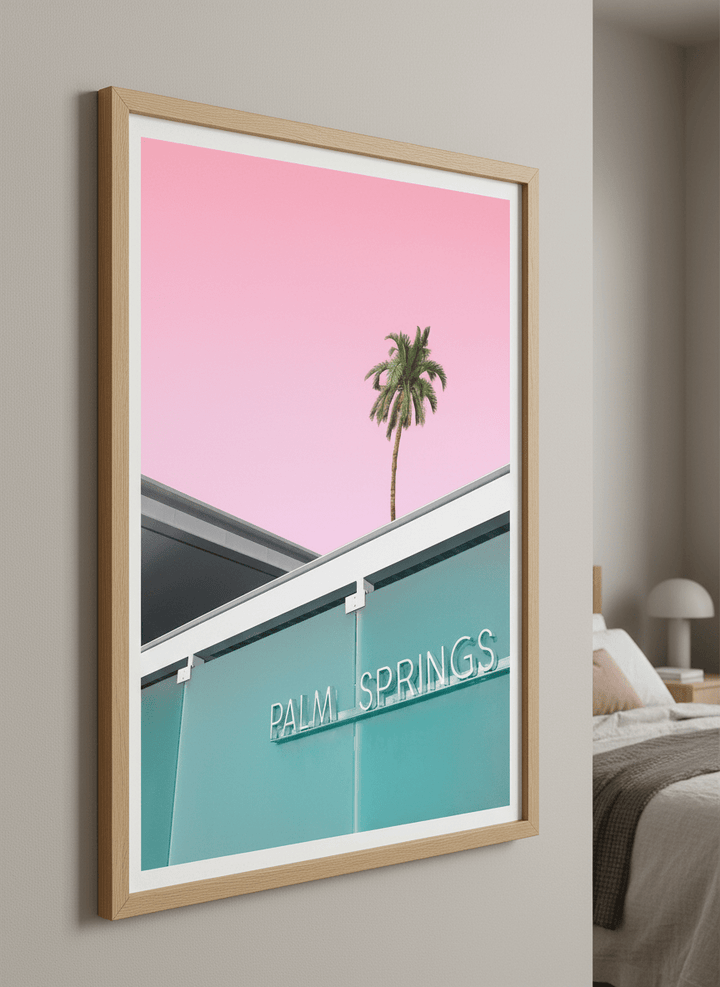Minimalist artwork displayed in a calm, light-filled bedroom interior