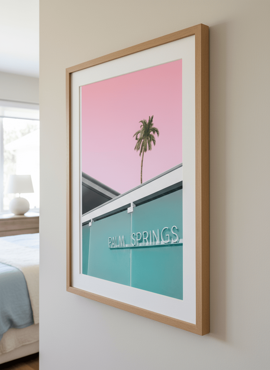 Minimalist artwork displayed in a calm, light-filled bedroom interior