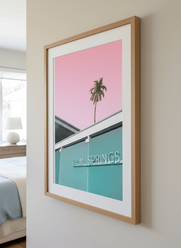 Minimalist artwork displayed in a calm, light-filled bedroom interior