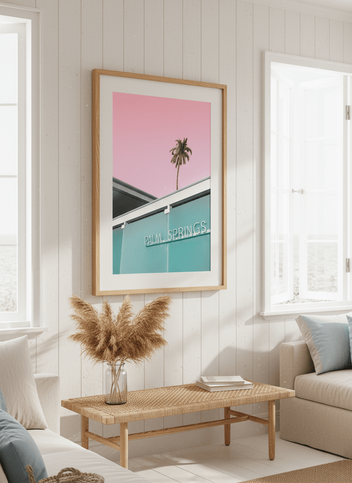 Neutral wall art displayed in a sunny coastal beach house