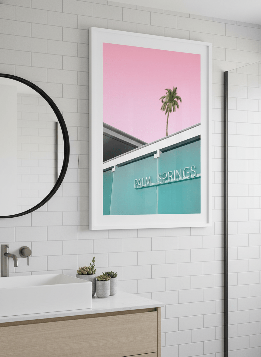 Modern print displayed in a clean minimalist bathroom setting