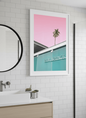 Modern print displayed in a clean minimalist bathroom setting