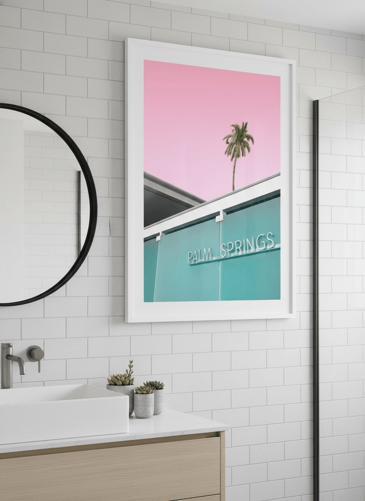 Modern print displayed in a clean minimalist bathroom setting
