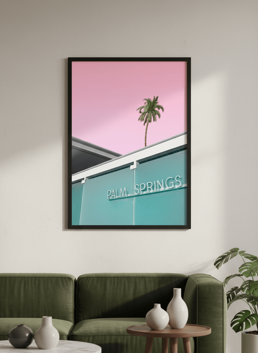 Modern wall art styled above a sofa in a neutral living room