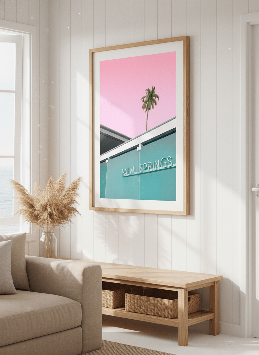 Neutral wall art displayed in a sunny coastal beach house