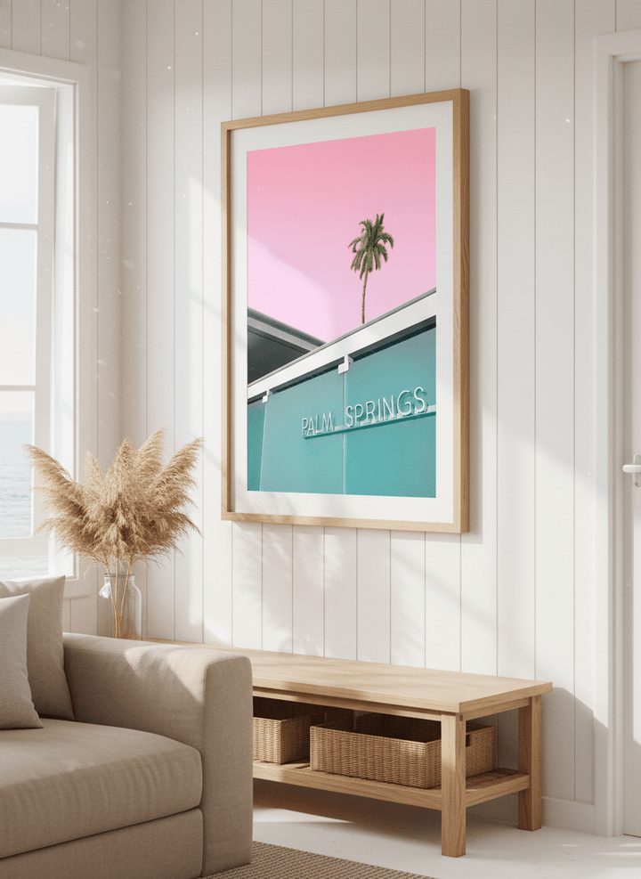 Neutral wall art displayed in a sunny coastal beach house
