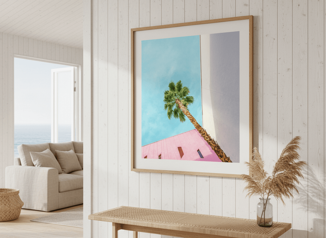 Neutral wall art displayed in a sunny coastal beach house
