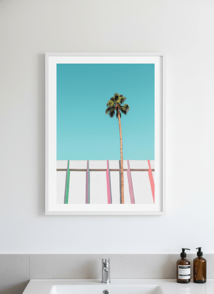 Modern print displayed in a clean minimalist bathroom setting