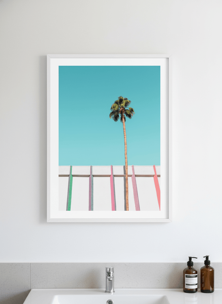 Modern print displayed in a clean minimalist bathroom setting