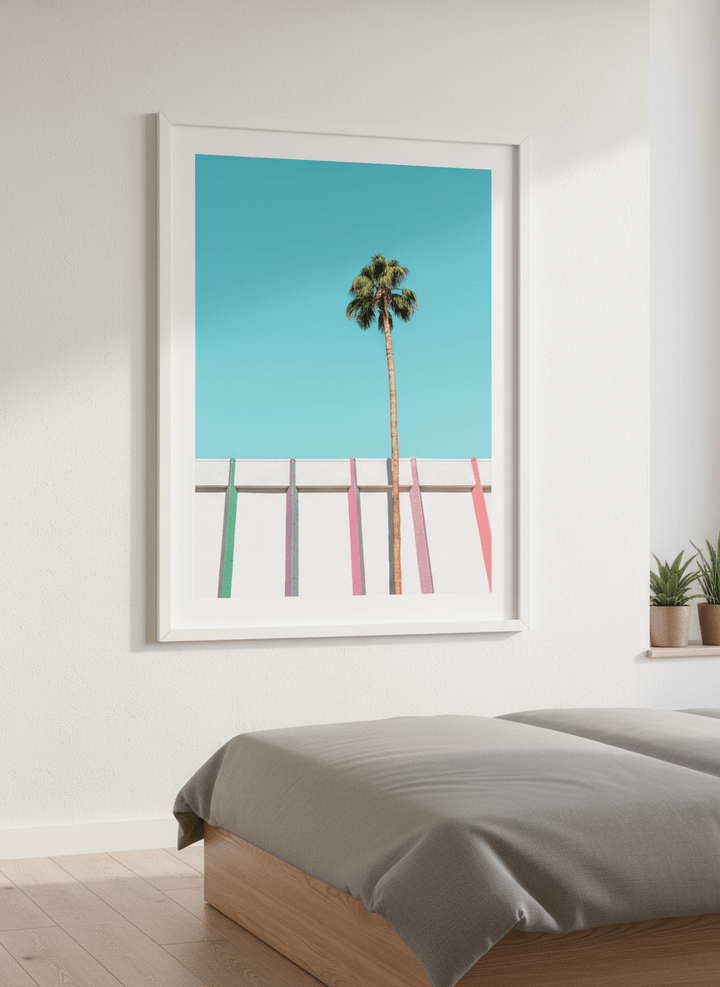 Minimalist artwork displayed in a calm, light-filled bedroom interior