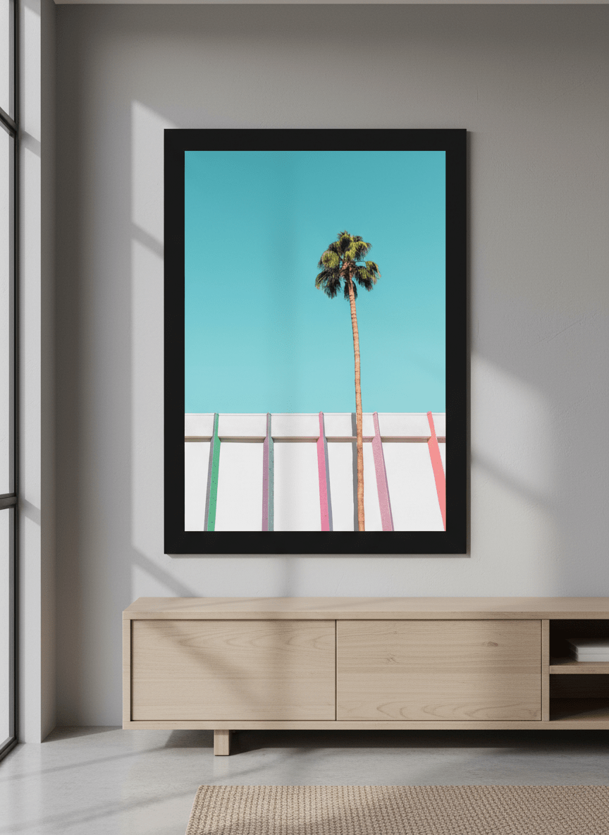 Modern wall art styled above a sofa in a neutral living room