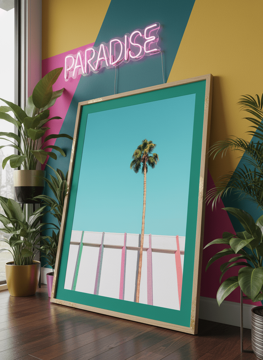 Bold wall art styled in a colourful, eclectic modern home