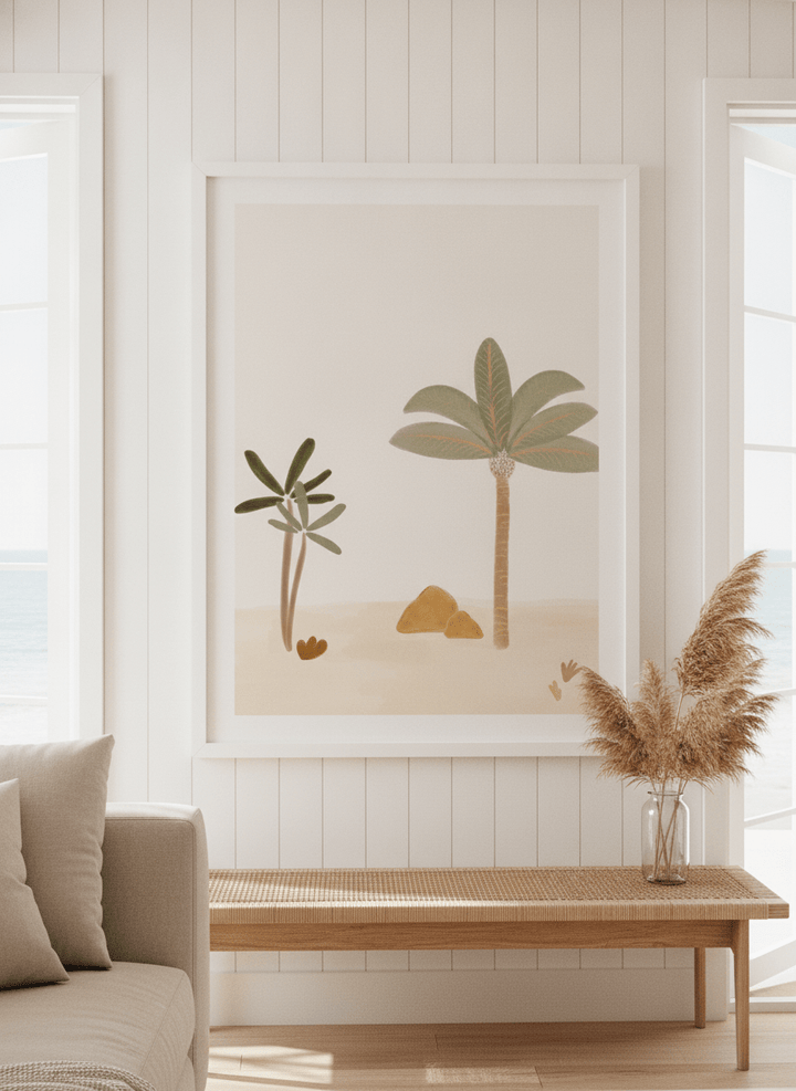 Neutral wall art displayed in a sunny coastal beach house