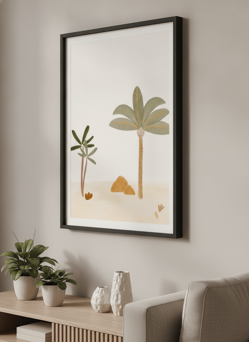 Modern wall art styled above a sofa in a neutral living room