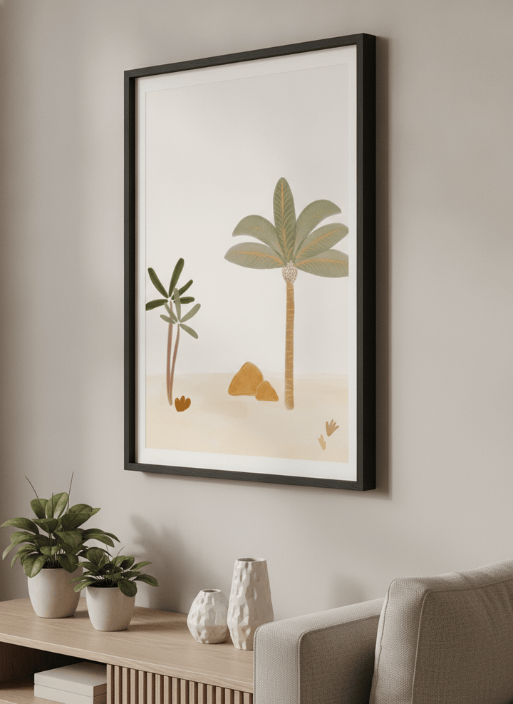Modern wall art styled above a sofa in a neutral living room