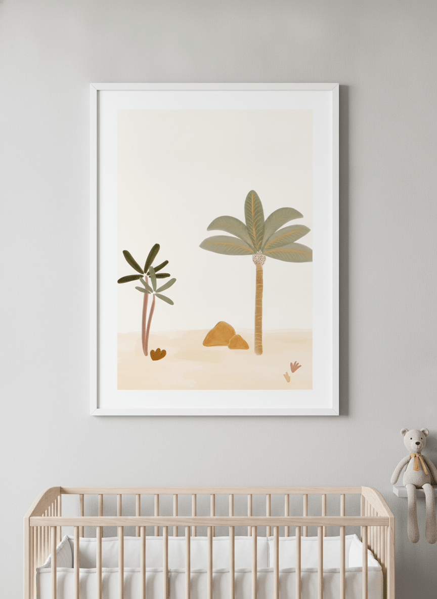 Soft neutral wall art styled in a serene nursery with pastel tones